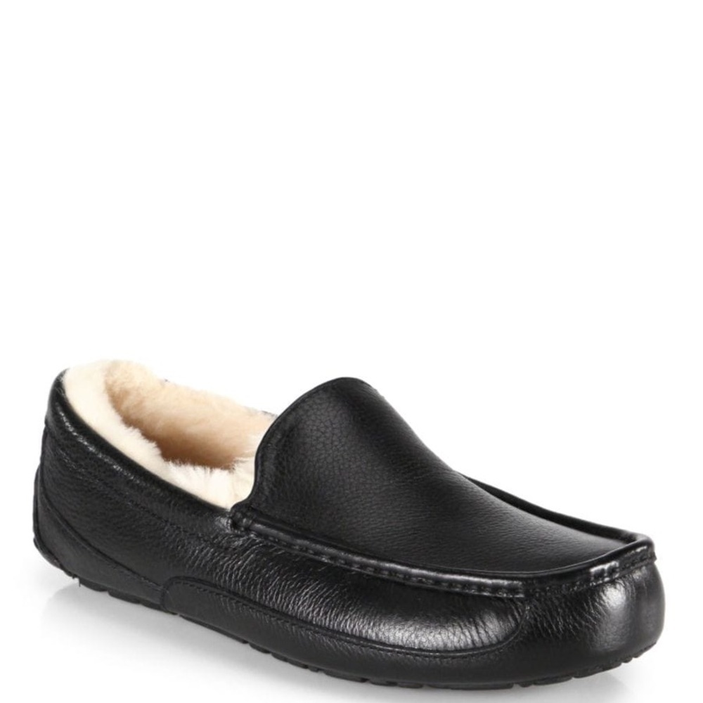UGG - Ascot Grain Black Leather Shearling Sheepskin Lightweight Slippers Size 7 - Picture 1 of 16